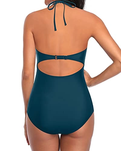 Sexy Hollow Out Crochet Lace One Piece Swimsuit-Teal