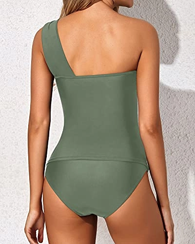 Sexy One Shoulder Swim Top Two Piece Tankini Bathing Suits For Women-Olive Green