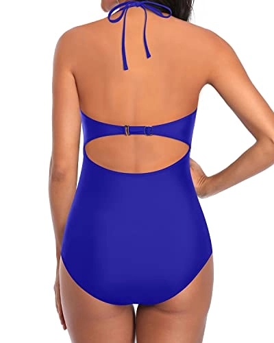 Sexy Plunge V Neck Monokini Halter One Piece Swimsuits-Royal Blue