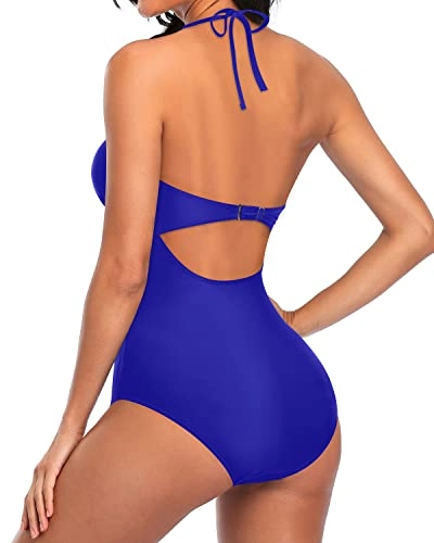 Sexy Plunge V Neck Monokini Halter One Piece Swimsuits-Royal Blue