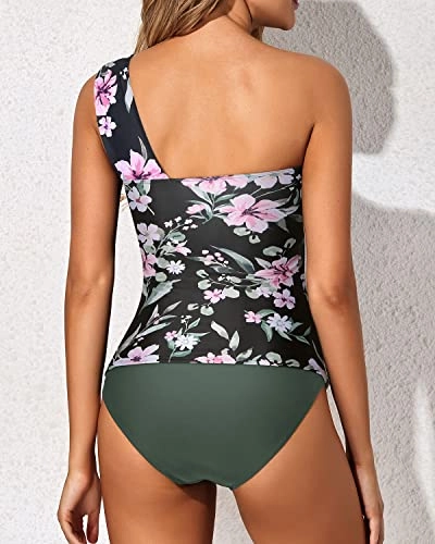 Sexy Two Piece Tankini Bathing Suits One Shoulder Swim Top Shorts Swimsuits-Black Pink Flowers