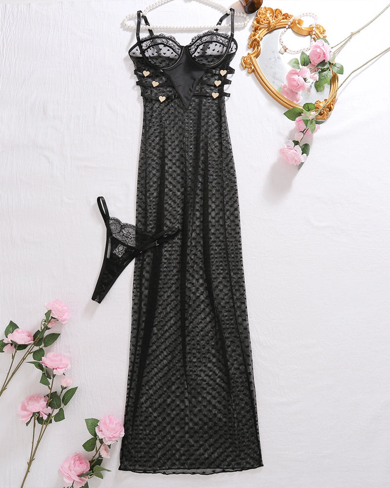 Sheer Heart Polka Dot Lace Long Dress