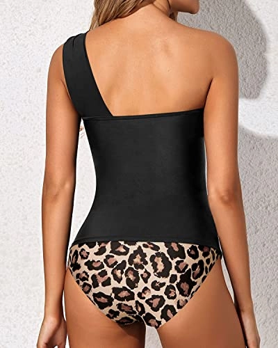 Stylish Two Piece Tankini Bathing Suits One Shoulder Swim Top Shorts Swimsuits-Black And Leopard