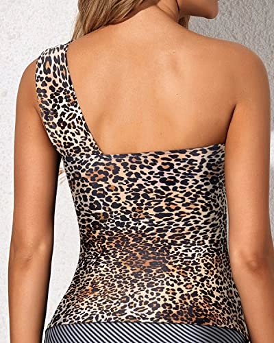Tummy Control One Shoulder Swimsuit Top Removable Pads Tankini Top-Leopard