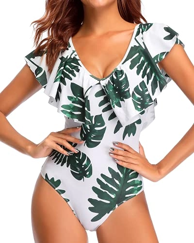 Unique Style Flounce Sleeve V Neck One Piece Swimsuit-White Leaf