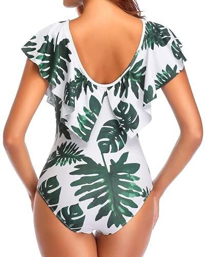 Unique Style Flounce Sleeve V Neck One Piece Swimsuit-White Leaf