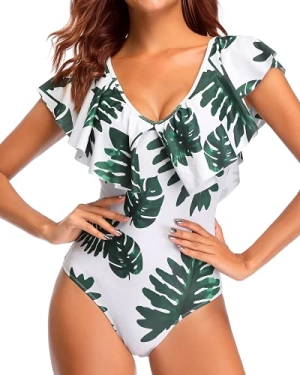 Unique Style Flounce Sleeve V Neck One Piece Swimsuit-White Leaf