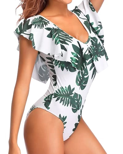 Unique Style Flounce Sleeve V Neck One Piece Swimsuit-White Leaf