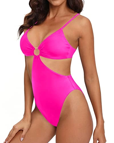 Women One Piece High Neck Halter Cutout Monokini Swimwear-Neon Pink
