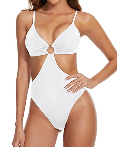 Women One Piece Mesh High Neck Halter Monokini Swimsuit-White