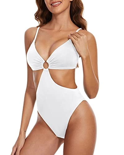 Women One Piece Mesh High Neck Halter Monokini Swimsuit-White