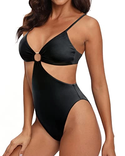 Women One Piece Mesh Swimsuit High Neck Halter Cutout Monokini Swimwear-Black