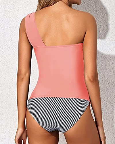 Women's Asymmetrical One Shoulder Tankini Shorts-Coral Pink Stripe