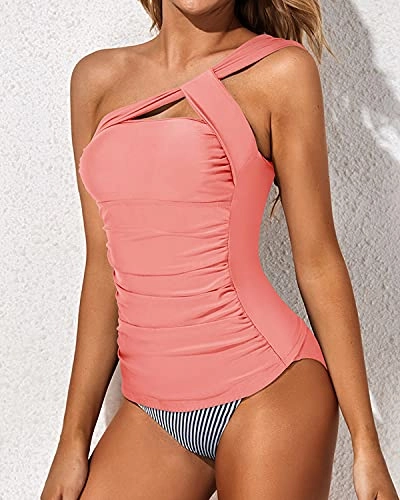 Women's Asymmetrical One Shoulder Tankini Shorts-Coral Pink Stripe