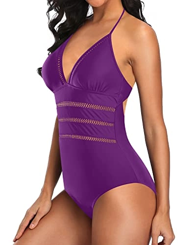 Women's Halter Plunge V-Neck Monokini One Piece Swimsuit-Purple