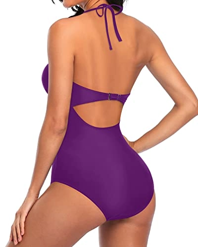 Women's Halter Plunge V-Neck Monokini One Piece Swimsuit-Purple