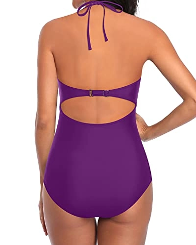 Women's Halter Plunge V-Neck Monokini One Piece Swimsuit-Purple