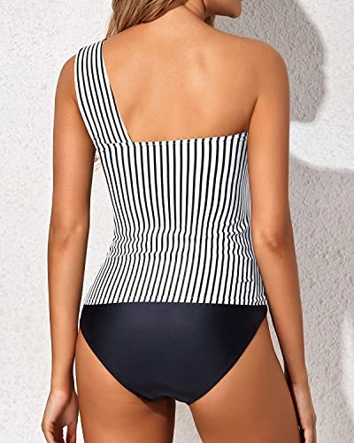 Women's One Shoulder Tankini Swimsuit Pull On Closure Two Piece Bathing Suits