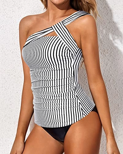 Women's One Shoulder Tankini Swimsuit Pull On Closure Two Piece Bathing Suits