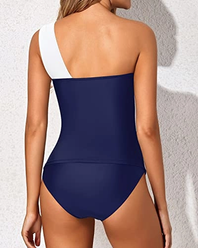 Women's Sexy Asymmetrical Tankini One Shoulder Top & Shorts-White And Navy Blue