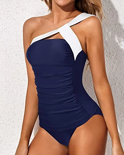 Women's Sexy Asymmetrical Tankini One Shoulder Top & Shorts-White And Navy Blue