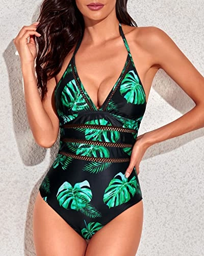 Women's Sexy Crochet Halter Plunge V Neck One Piece Swimsuits-Black And Green Leaf
