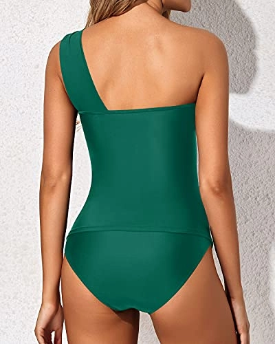 Women's Sexy Ruched One Shoulder Tankini Swimsuit-Emerald Green