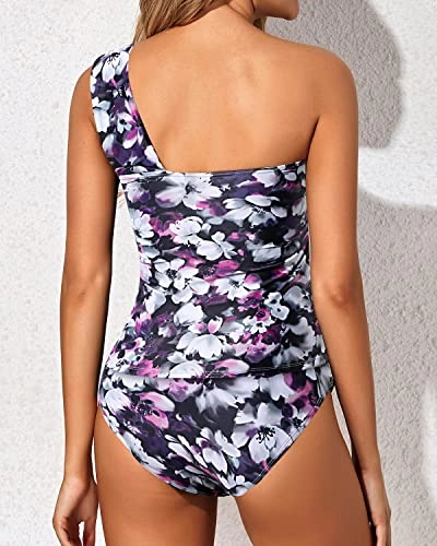 Women's Stylish 2 Piece Tankini One Shoulder Top & Shorts-Purple Floral