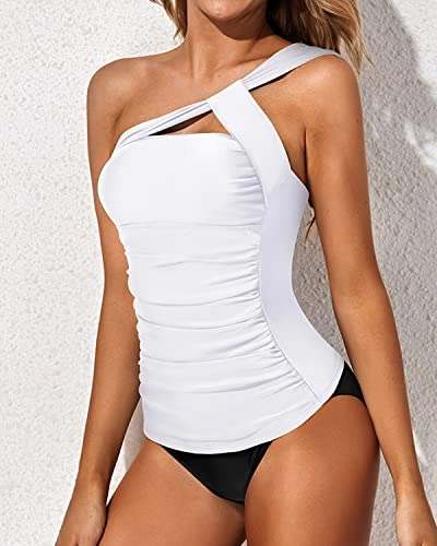 Women's Tankini One Shoulder Top & Slim Fit Shorts-White
